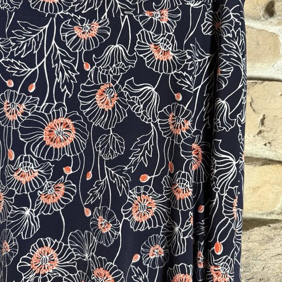Pixley A-Line Skirt Navy Blue Coral Floral Print Pull-On Stretch Midi Sz L - Picture 2 of 6